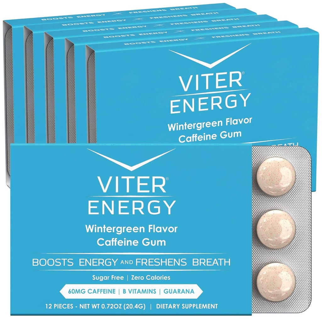 Viter Energy Caffeinated Gum 60 mg Caffeine, B Vitamins, Guarana, Sugar Free. (Wintergreen, 12parça, 6 Pack)