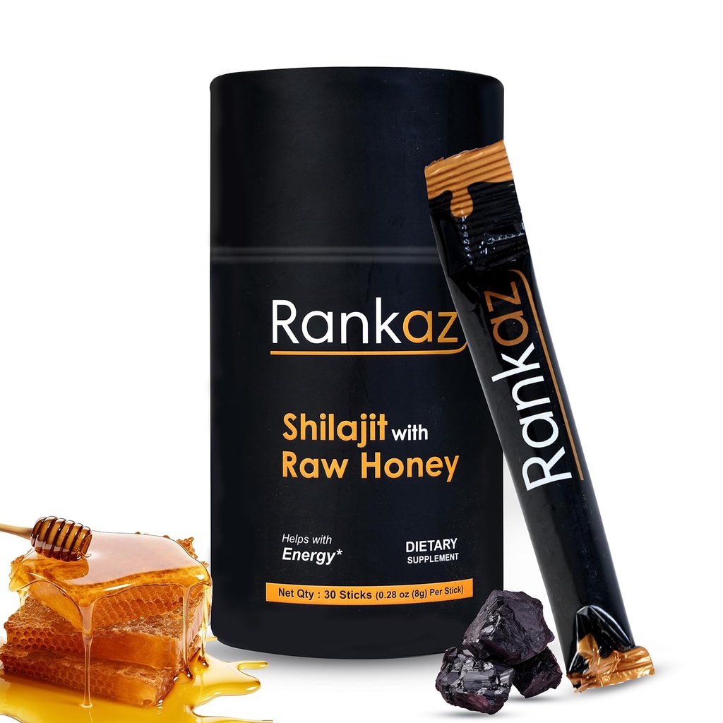 Rankaz Natural Shilajit Honey Sticks Organic - 30 Sticks, Shilajit Honey Fulvic Acid ve Trace Minerals