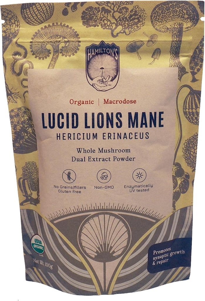 Hamilton'ın Lucid Lion's Mane | Organik Mushroom Ekstra Saç Bakımı için Toz, Nerve Büyüme Faktörü, Focus, Memory ve Concentration | High Potency | Beta Glucans | GF, Non-GMO, Vegan (100g)