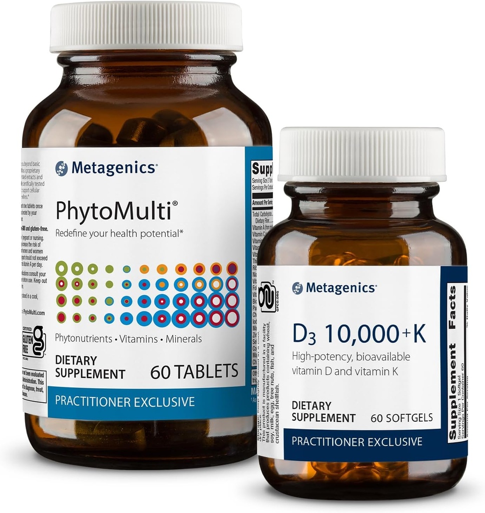 Metagenics Essential Wellness Duo: D3 10.000 + K - Immune Support, Bone Health & Heart Health - 60 Softgels & PhytoMulti Without Iron - Daily Multivitamin for General Health & Aging - 60 Tabletler