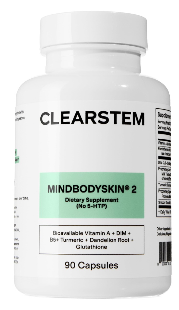 CLEARSTEM - MINDBODYSKIN Hormonal Acne Supplement (No 5-HTP) - Doğal DIM Supplement - Skin Care Vitaminleri - Hormon Dengesi, Antioksis - Gluten Free, Cruelty Free - 30 Servisler, 90 Capsules