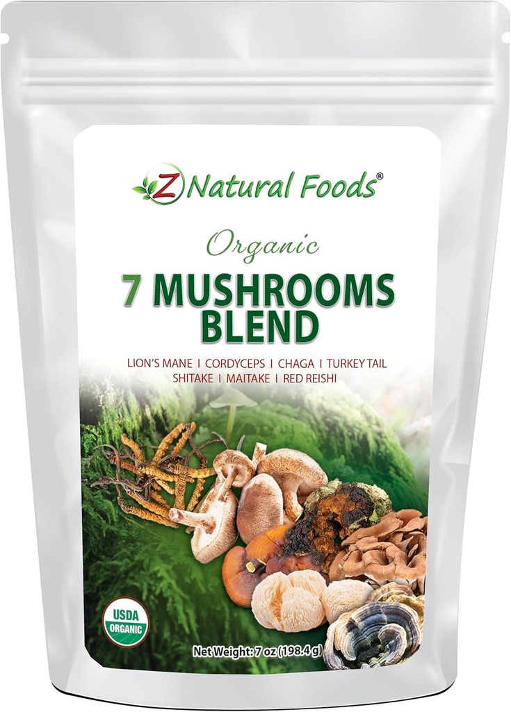 Z Doğal Gıdalar Organik 7 Kutsal Mushrooms Mix - Immune Health için Mushroom Toz - Aslan'ın Mane, Cordyceps, Chaga, Red Reishi, Shiitake, Maitake & Turkey Tail Extract for Coffee, Smoothies, 7 ozroom Toz