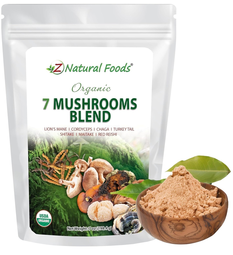 Z Doğal Gıdalar Organik 7 Kutsal Mushrooms Mix - Immune Health için Mushroom Toz - Aslan'ın Mane, Cordyceps, Chaga, Red Reishi, Shiitake, Maitake & Turkey Tail Extract for Coffee, Smoothies, 7 ozroom Toz