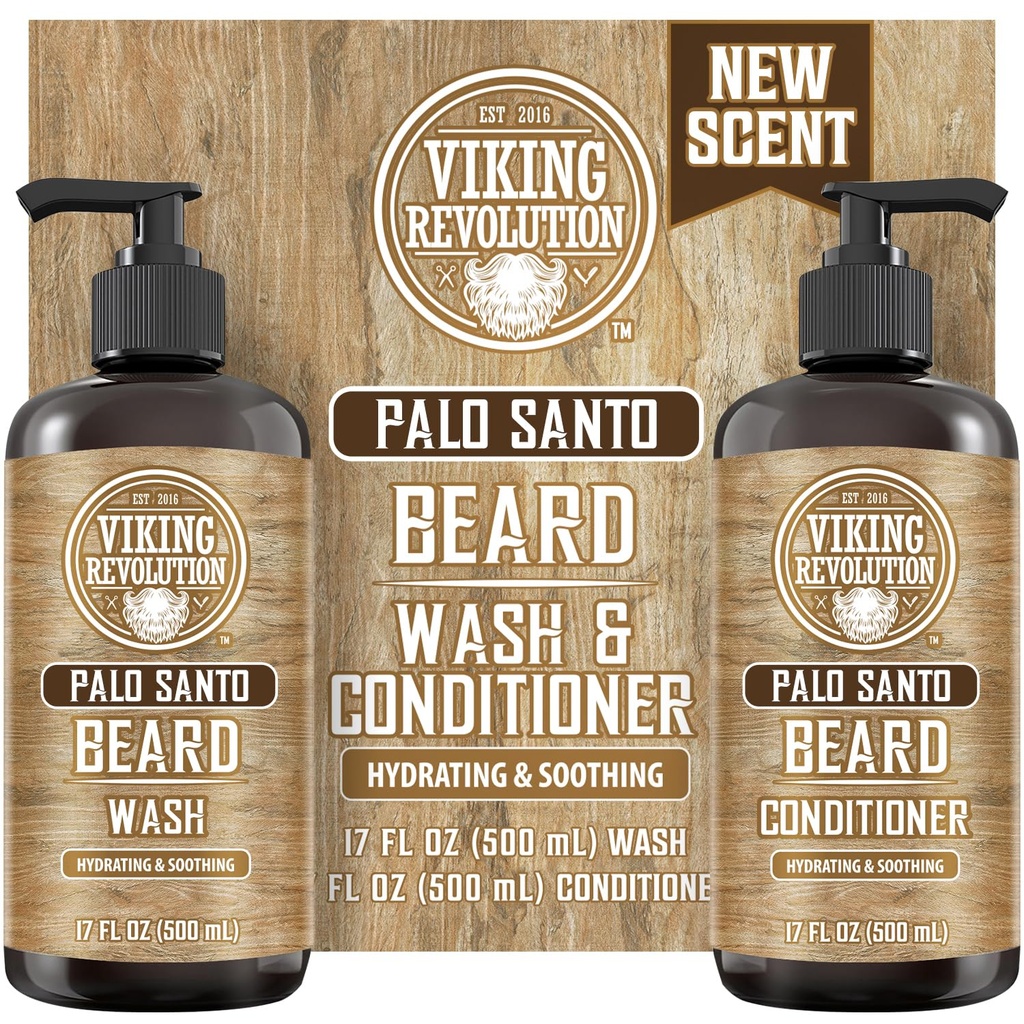 Viking Revolution Palo Santo Beard Wash and Beard Conditioner Set with Argan and Jojoba Oils - Μαλακώνει και ενισχύει - Natural Palo Santo Scent - Beard Shampoo with Ginseng Root Extract (17 oz)