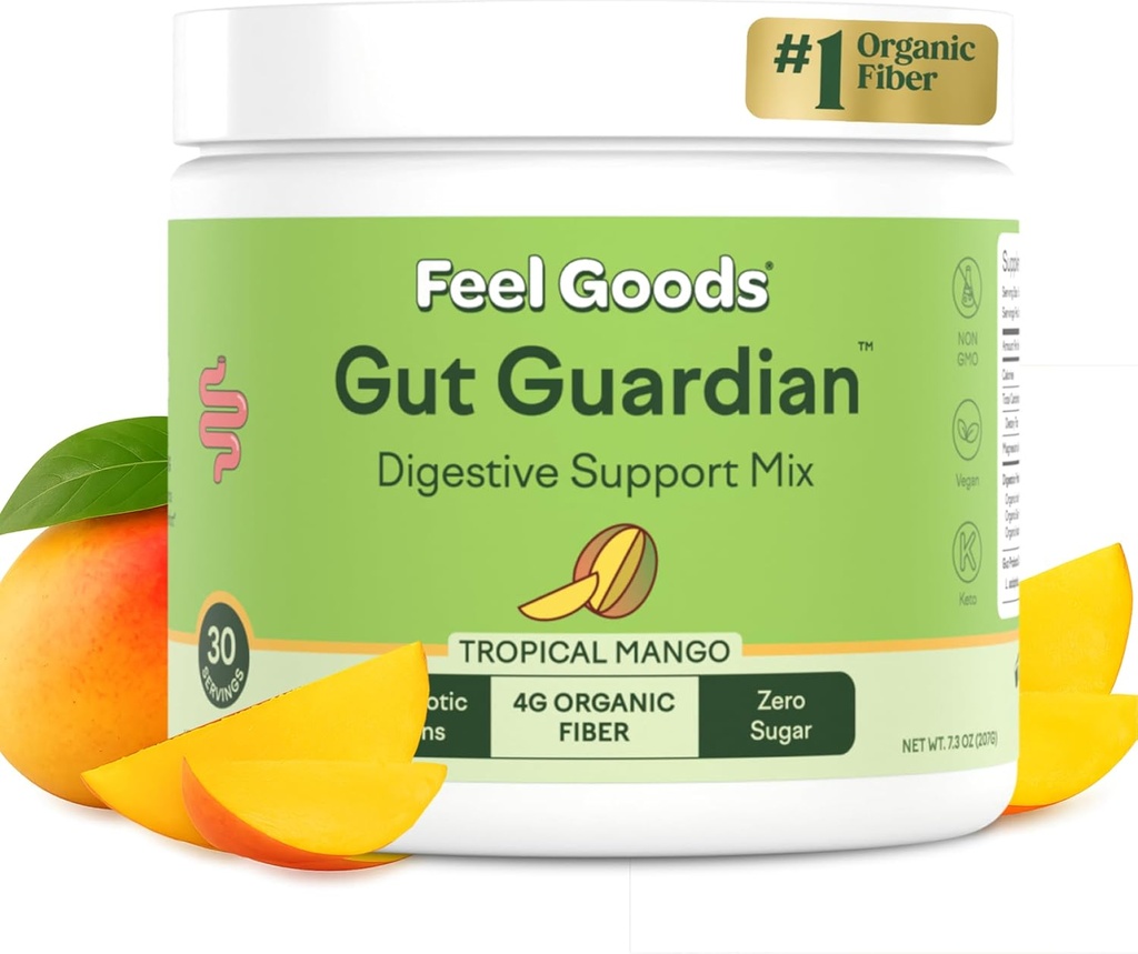 Goods Gut Guardian, Organik Fiber, Probiyotik & Prebiyotik Toz, Sugar Free, Herbs for Bloat, Gut Health Support, Digestive Health for Men & Women, Non GMO, Vegan, Tropikal Mango, 30CT