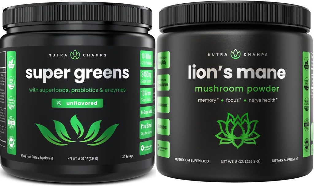 NutraChamps Super Green Unflavored & Lion's Mane Toz. Greens & Adaptogen