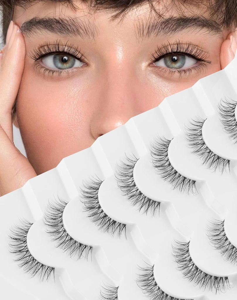 Natural false Eyelashes Clear Band Lashes Natural Look Jiocolor Wispy Faux Mink Lashes Demi-wispies Fake Lahes 12MM 7 Pairs Wispy Dream(7mm-12mm)