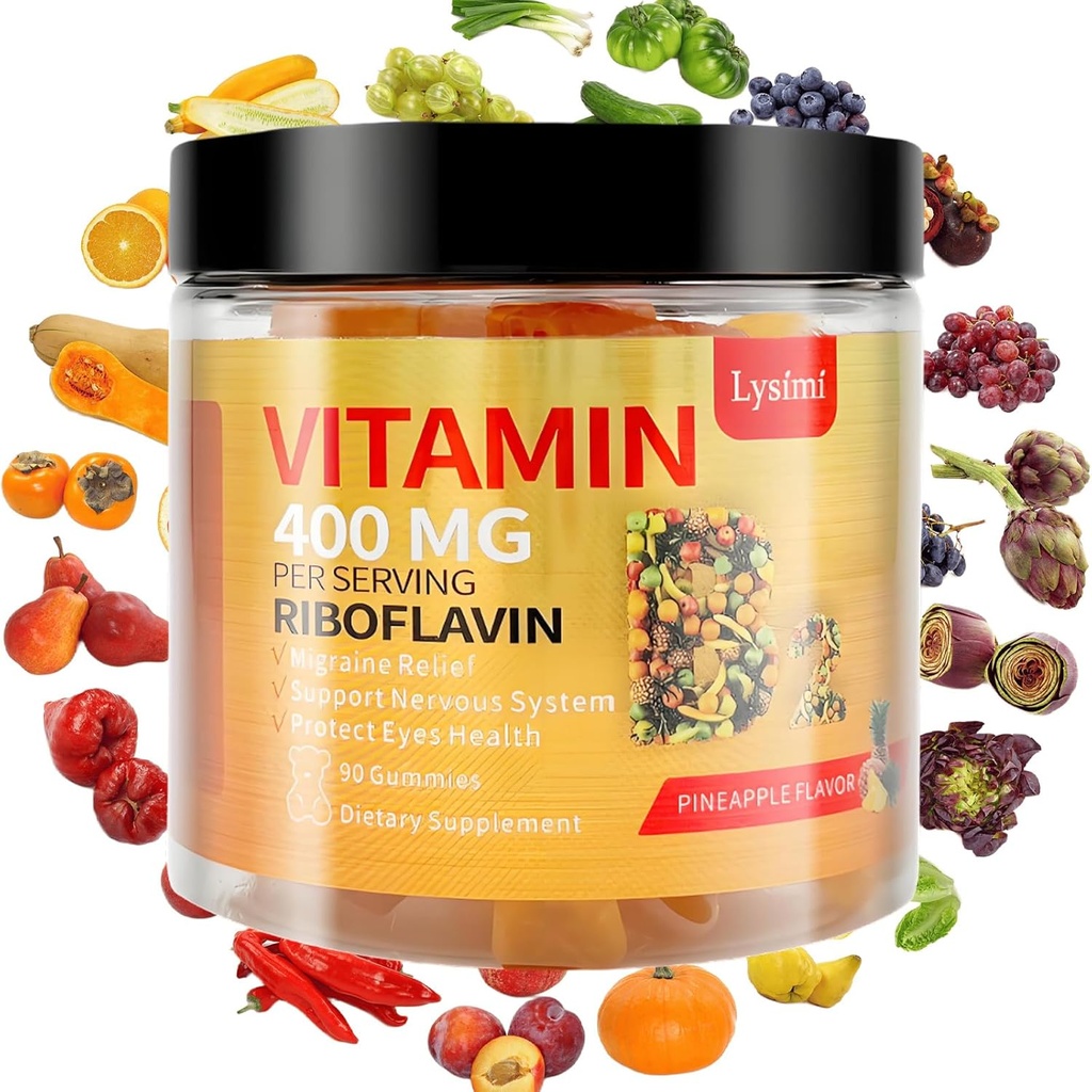 B2 Vitamini, B2 Riboflavin Gummies 400 mg, Migraine Relief & Headache Relief Riboflavin Vitamin B2 Gummies, Soy & Gluten-Free, 90 Vitamin Gummies for Kids & Yetişkinler