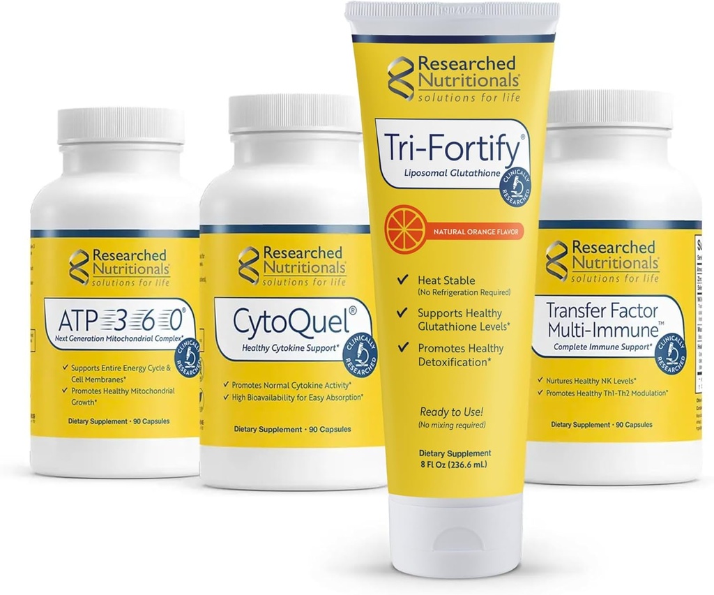 Ερευνητικό σετ Ιδρύματος Διατροφής - Tri-Fortify Liposomal Glutathionone (450mg) Orange, Transfer-Factor Multi Immune, ATP 360 & CytoQuel to Support Energy, Immunity, Cytokine Response & Detox