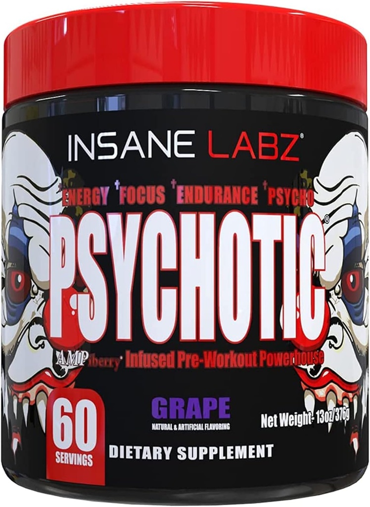 Insane Labz Psychotic, High Stimulant Pre Workout Toz, Extreme Lasting Energy, Focus and Endurance with Beta Alanine, Kretine Monohidrat, DMAE, 60 Srvgs, Grape
