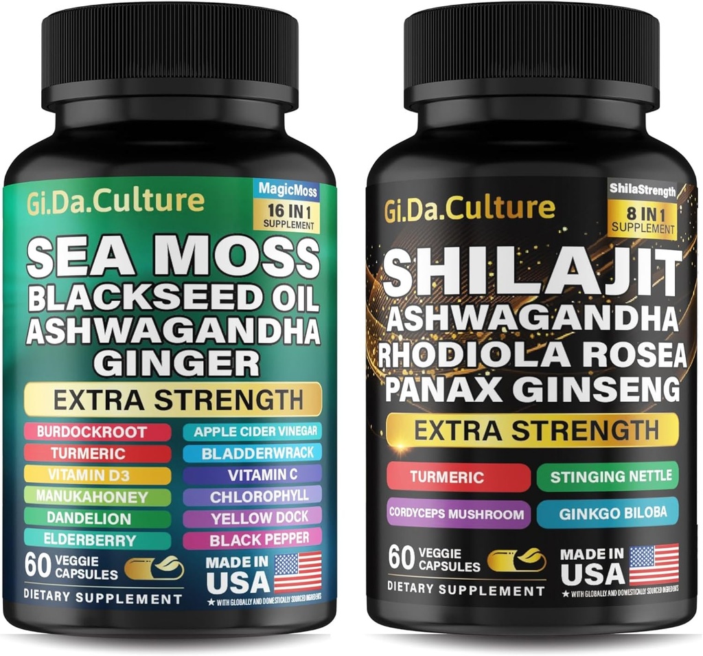 Shilajit and Sea Moss Combo - Sea Moss and Shilajit Bundle with Ashwagandha, Black Seed, Turmeric, Bladderwrack, Burdock, Black Pepper with Vitamins and Antioxidants - 120 Κάψουλες Veggie