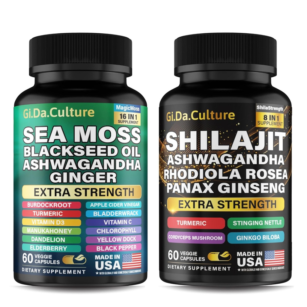 Shilajit ve Sea Moss Combo - Deniz Moss ve Shilajit Sche with Ashwagandha, Black Seed, Turmeric, Bladderwrack, Burdock, Black Pepper with Vitamins and Antioxys - 120 Veggie Capsules