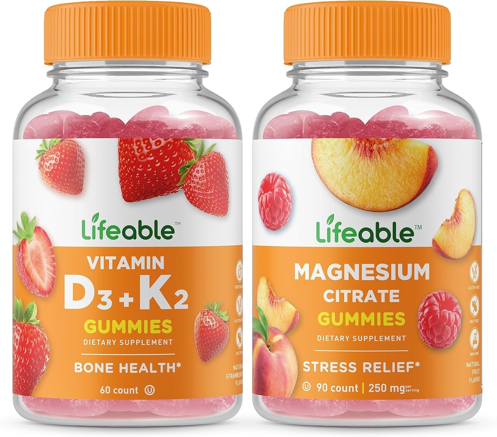 Ζωηρή βιταμίνη D3 + Βιταμίνη K2 + Μαγνήσιο 85mg, Gummies Bundle - Μεγάλη γεύση, συμπλήρωμα βιταμίνης, Χωρίς γλουτένη, GMO δωρεάν, Μασώμενο Gummy