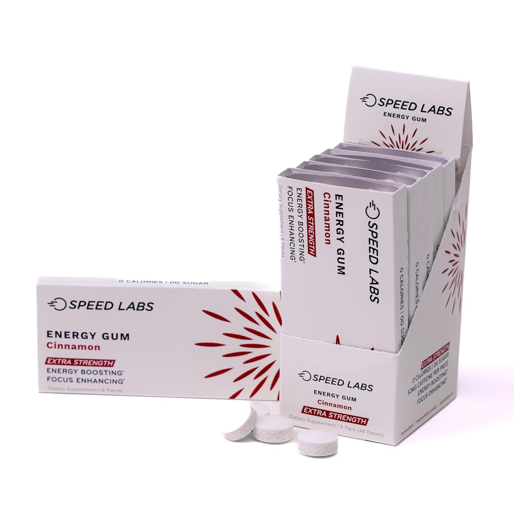 Hız Laboratuvarları Cinnamon Extra Strength Caffeine Chewing Gum 50 mg Caffeine, Taurine, & B Vitamins Per Piece, 48 Adet (6 Packs of 8 Pieces) Sugar Free, Zero Calorie, Nopartame, Gluten Free