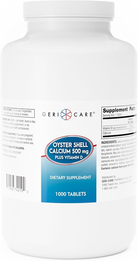 GeriCare Oyster Shell Calcium 500mg + Βιταμίνη D, Υγεία των οστών, Διατροφικό συμπλήρωμα Δισκία, 1000 Count (Pack of 1)