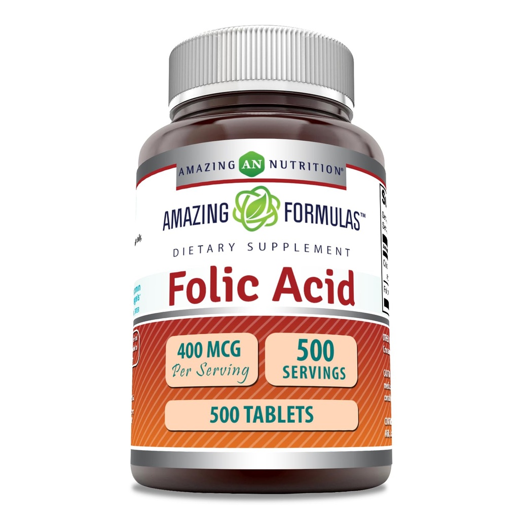 Amazing Formulas Folic Acid (Vitamin B9) 400 mcg | Tabletler Tamam | Non-GMO | Gluten Free | Made in USA (1 Pack | 500)