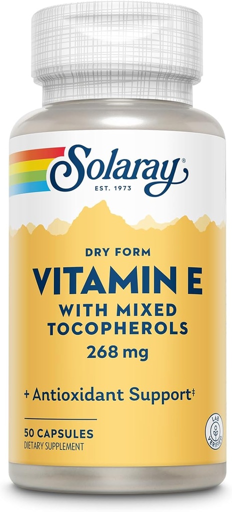 SOLARAY Vitamin E 400 IU (268mg), Ξηρή μορφή με Μικτές Τοκοφερόλες Βιταμίνη E - Αντιοξειδωτικό συμπλήρωμα, PMS και Εμμηνόπαυση Υποστήριξη - 60-Ημέρες Εγγύηση, Εργαστήριο Επαληθευμένο - 50 Σερβιέτες, 50 Κάψουλες