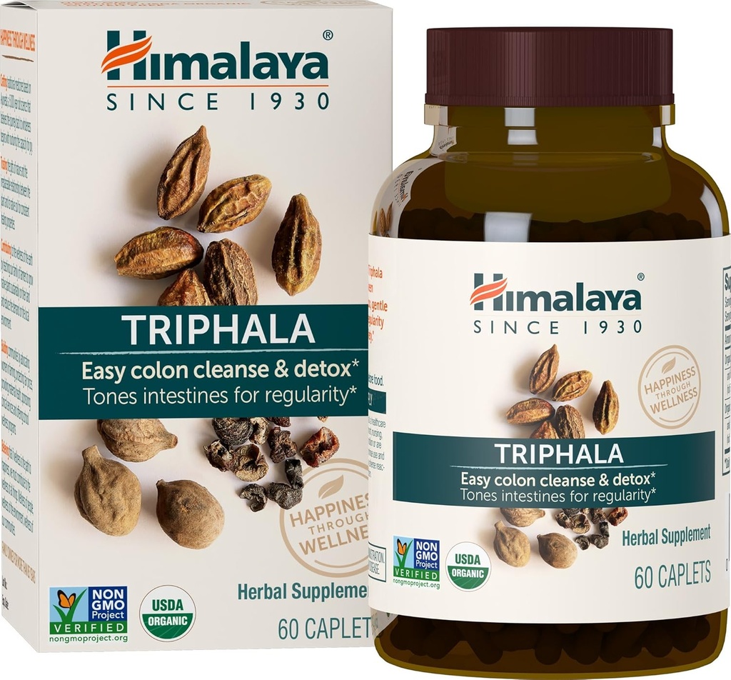 Himalaya Organik Triphala, 2 Ay Supply, For Colon Cleanse, Detox & Occasional Constipation, USDA sertifikalı Organik, Non-GMO, Gluten-Free, Extract & Toz Herbal Supplement, 688 mg, 60 Caplets