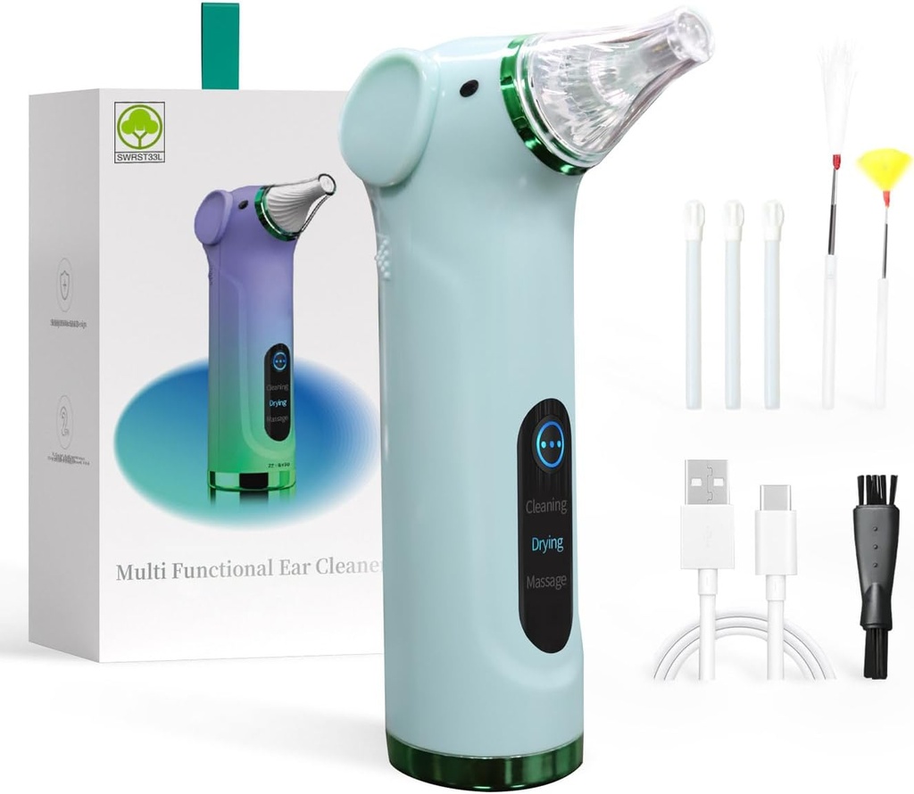 Multi-Functional Electric Ear Wax Removal Tool Ear Temizlik Kit - Krem Ear Canal&Masing Ear, for Yetişkinler and Children (Green)
