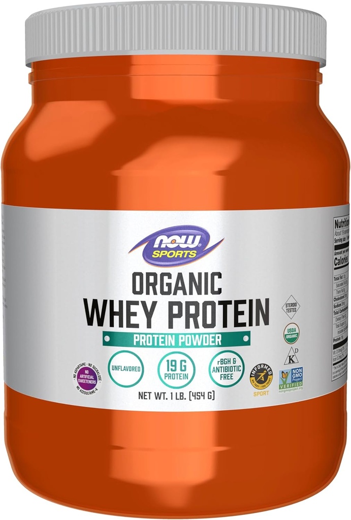 Şimdi Gıda Spor Beslenme, sertifikalı Organik Whey Protein 19 g, Unflavored Toz, 1-Pound