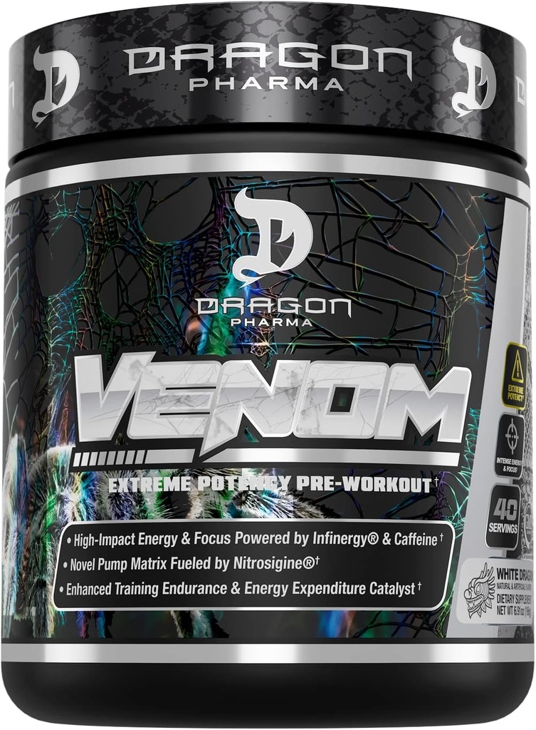 DRAGON PHARMA Venom Extreme Potency Pre-Workout, Laser Sharp Focus + Ενέργεια, Έντονη Απόδοση, Αποδεδειγμένα Συστατικά για Ενισχυμένη Αγγειοδιαστολή & Αντοχή (40 εξυπηρετούν, Λευκό Δράκο)