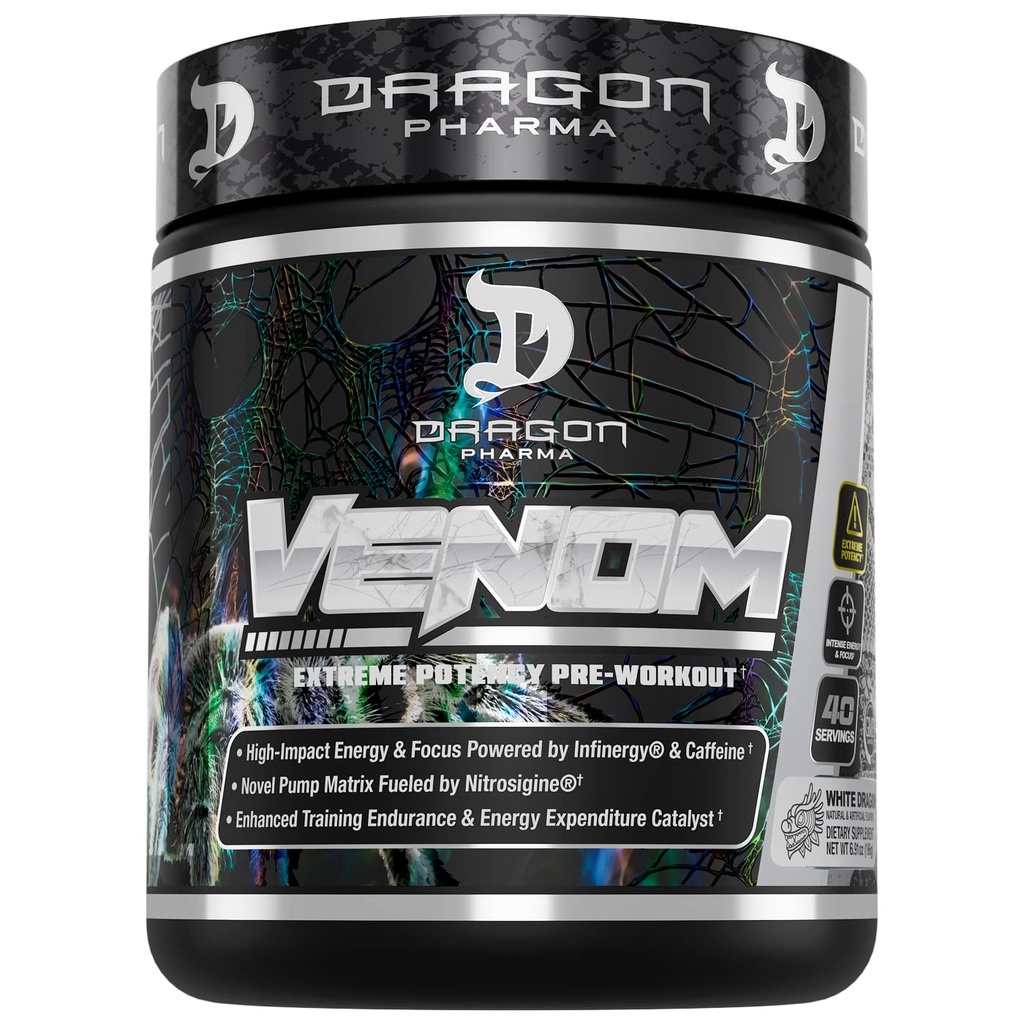 DRAGON PHARMA Venom Extreme Potency Pre-Workout, Laser Sharp Focus + Energy, Intense Performance, Proven Materialss for Advancedd Vasodilation & Endurance (40 Hizmet, Beyaz Ejderha)