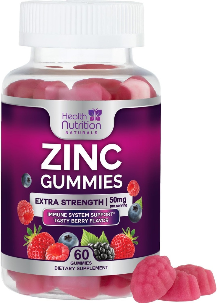 Συμπληρώματα ψευδαργύρου 50mg Gummies - Max Strength Skin Health & Immune Support Gummy, Vegan, Non-GMO & Gluten Free - Best Zinc Supplement Antioxidant & Bone Health Chewable Tasty Berry Flavor - 60 Gummies