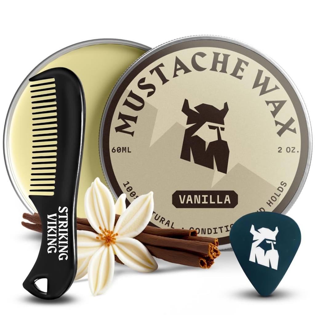 Striking Viking Mustache Wax & Comb Kit - 2 oz, Vanilla - Complete Mustache Grooming Kit for Men - Strong-Hold Styling & Wax Strong Hold - Pocket-Sized Precision & Styling Comb