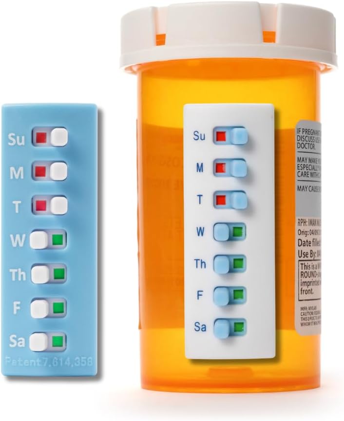 Take‑n‑Slide Peel and Stick Reusable for 12 + Refills, Pill/Medication/Vitamin/Pet Med Tracker & Reminder, Attach to Your Bottle, Organizer-Free, Curved‑Back, White & Blue (2-Pack, 1 Each)