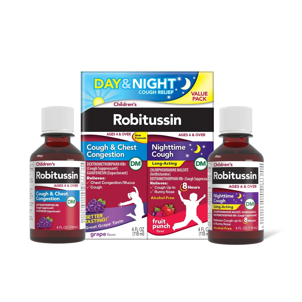 Çocuk Robitussin DM Günü ve Gece Cough Relief Value Pack, Cough Medicine, Grape / Fl Oz x 2