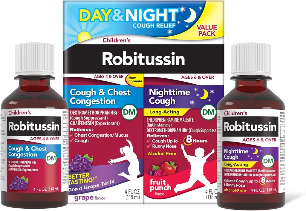 Çocuk Robitussin DM Günü ve Gece Cough Relief Value Pack, Cough Medicine, Grape / Fl Oz x 2
