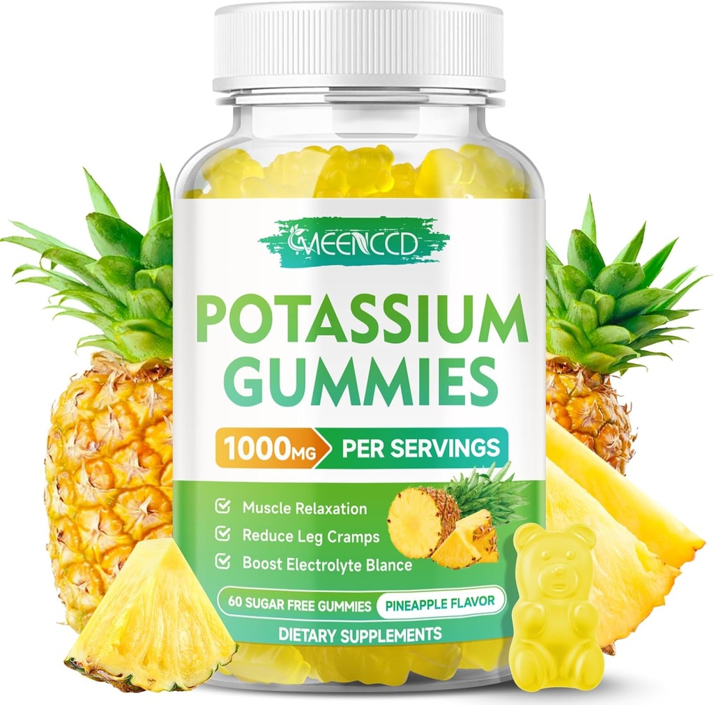 Potasyum Gummies 1000 mg, Yüksek Potency Pids Supplement Gummies for Yetişkinler Women & Men, Support Leg Cramps & Muscle Health, Sugar-Free, Pinele Flavor, 60 Count
