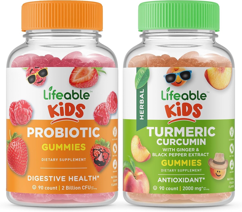 Lifeable Probiyotik 2 Milyar CFU Kids + Turmeric Curcumin Kids, Gummies Sche - Great Tasting, Vitamin Supplement, Gluten Free, GMO Free, Chewable Gummy Gummy