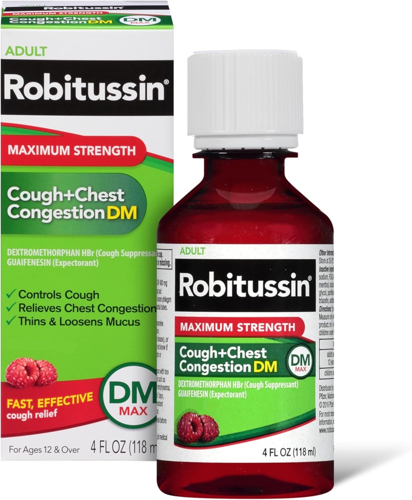 Robitussin Ενηλίκων Μέγιστη Δύναμη Βήχας + Θώρακος Συμφόρηση DM Max (4 fl. oz. Μπουκάλι), Βήχας Καταπιεστικό & Προσδοκητικό, Βατόμουρο Γεύση