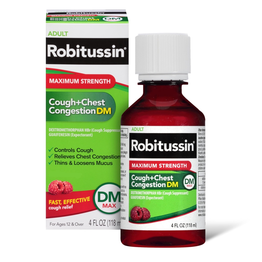 Robitussin Yetişkin maksimum Güçlü Cough + Chest Congestion DM Max (4 fl. oz. Şişe), Cough Suppressant & Expectorant, Raspberry Flavor