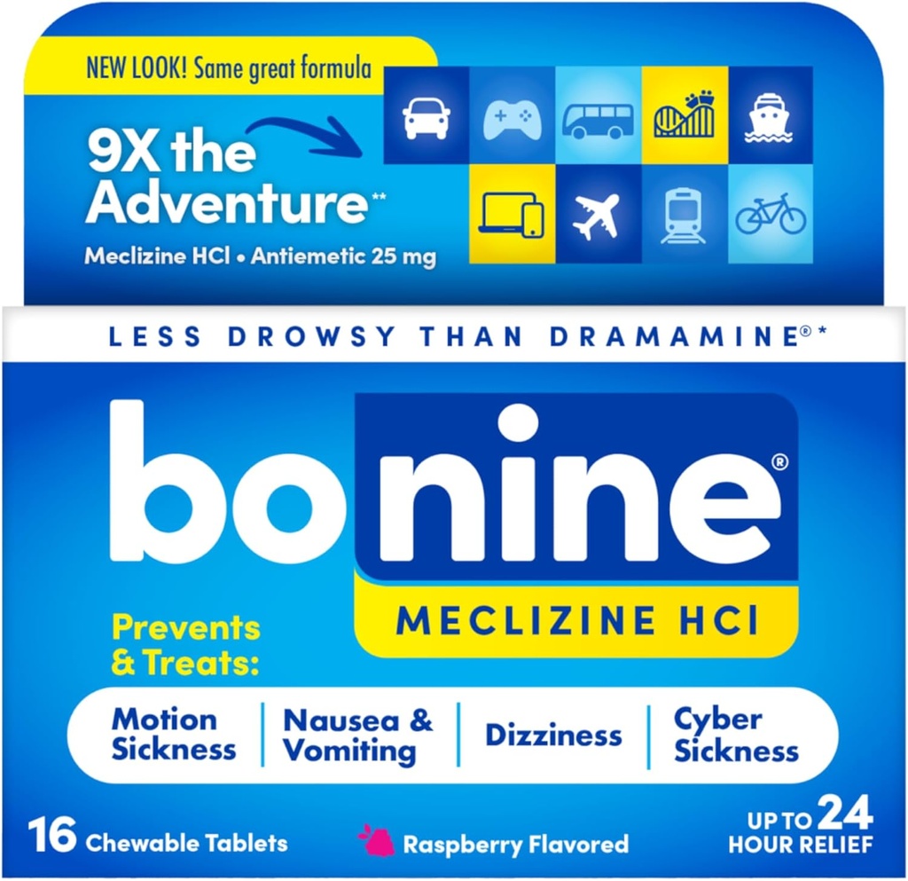 Bonine Non-Drowsy for Motion Hastaness Relief, Sea Hastaness, Car Hastaness, Nausea, & Vomiting - Meclizine HCI 25 mg, Travel-Sized - 16ct Raspberry Chewable Tabletler (Paketleme May Vary)