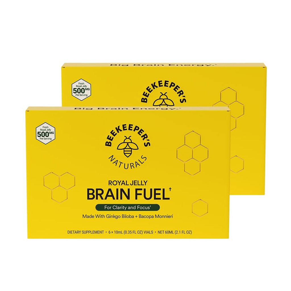 Φυσικά της μελισσοκόμος B.LXR Brain Fuel - Μνήμη, Focus and Clarity Liquid Formula, Υποστηρίζει παραγωγικότητα Royal Jelly, Ginkgo Biloba, Bacopa Monnieri Keto Φιλικό, Γλουτένη & χωρίς καφεΐνη, 6 ct (2 Pack)
