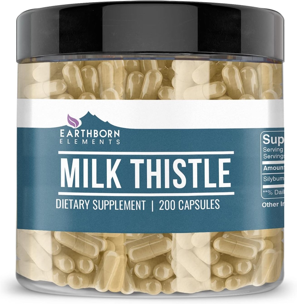 Earthborn Elements Milk Thistle 200 Capsules, Pure & Undiled, No Wordss