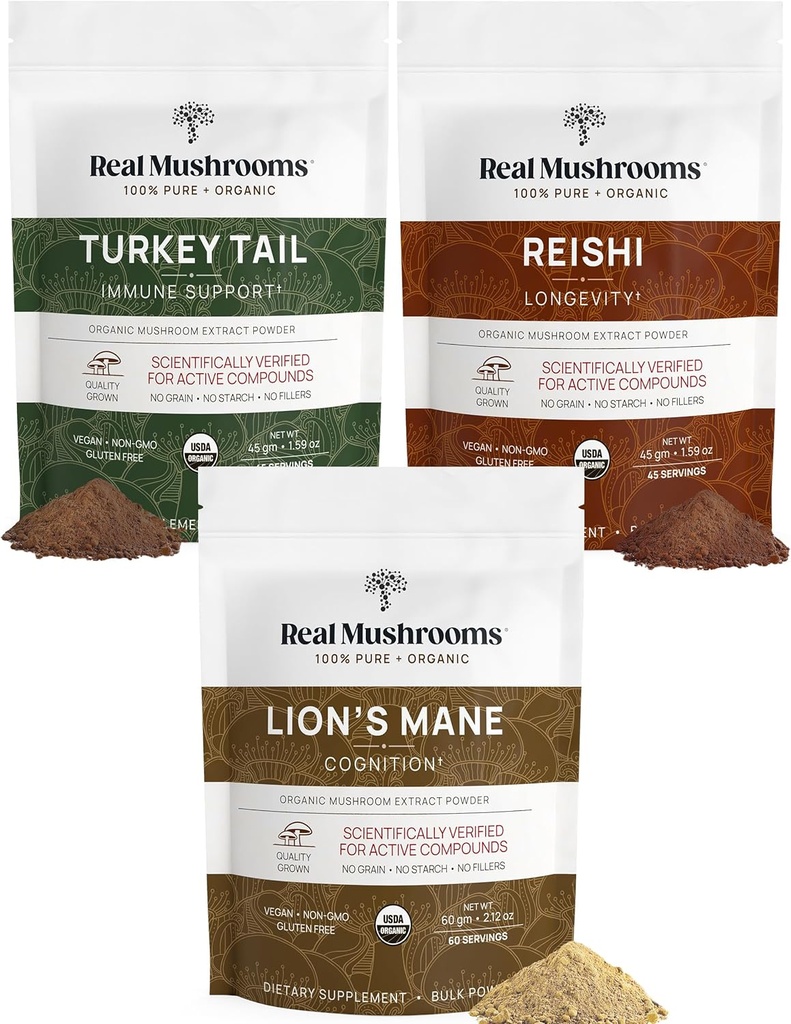 Lion's Mane Extract Toz (60g) | Reishi 415 Türlü Toz (45g) | Türkiye Tail Extract Toz (45g) | Organik Mushroom, Non-GMO, Vegan