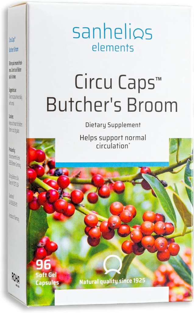 Sanhelios Circu Caps High Potency Butcher's Broom Dryned Extract 33mg & Rosemary Oil - συμπλήρωμα στήριξης βοτάνων για υγιή ροή αίματος, Veins & κυκλοφορία στα πόδια - 96 κάψουλες Softgel
