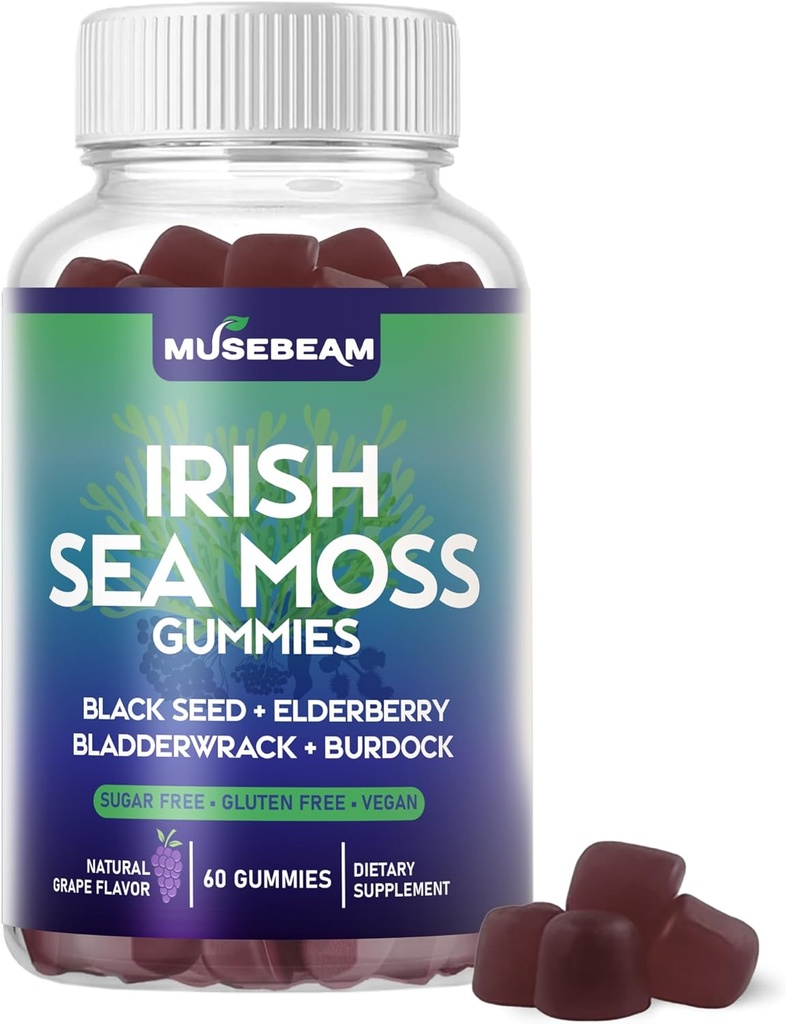 İrlandalı Deniz Moss Gummies - Black Seed Elderberry Bladderwrack Burdock Turmeric Omega-3 Vitamins C D3 çinko - Seamoss Supplements for Yetişkinler Women Men - Sugar-Free Gluten Free Vegan