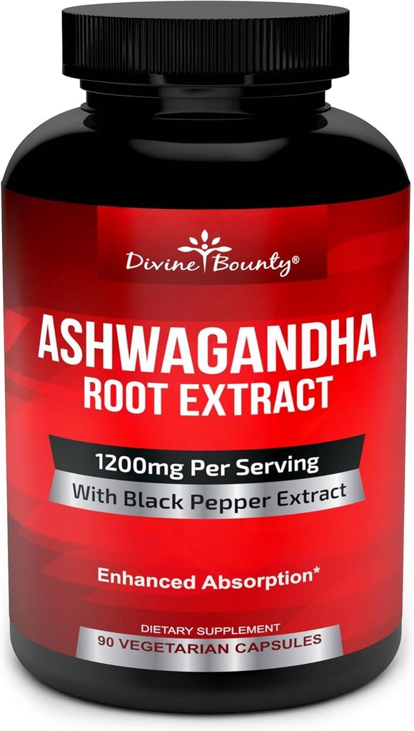 Divine Bounty Organic Ashwagandha Κάψουλες - 1200mg Ashwagandha Σκόνη με Μαύρο Πιπέρι για Ενισχυμένη Απορρόφηση - Ashwaganda συμπλήρωμα για την ηρεμία & υποστήριξη Mood - 90 κάψουλες Veggie