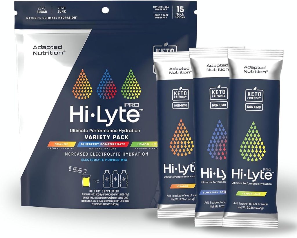 Adapted Beslenme Hi-Lyte Pro Hydration Packets - 15 Bireysel İçecek Paketleri | Çeşitli Paket | Flavored Electrolyte Toz | Sugar-Free, Zero Carb, Zero Calorie