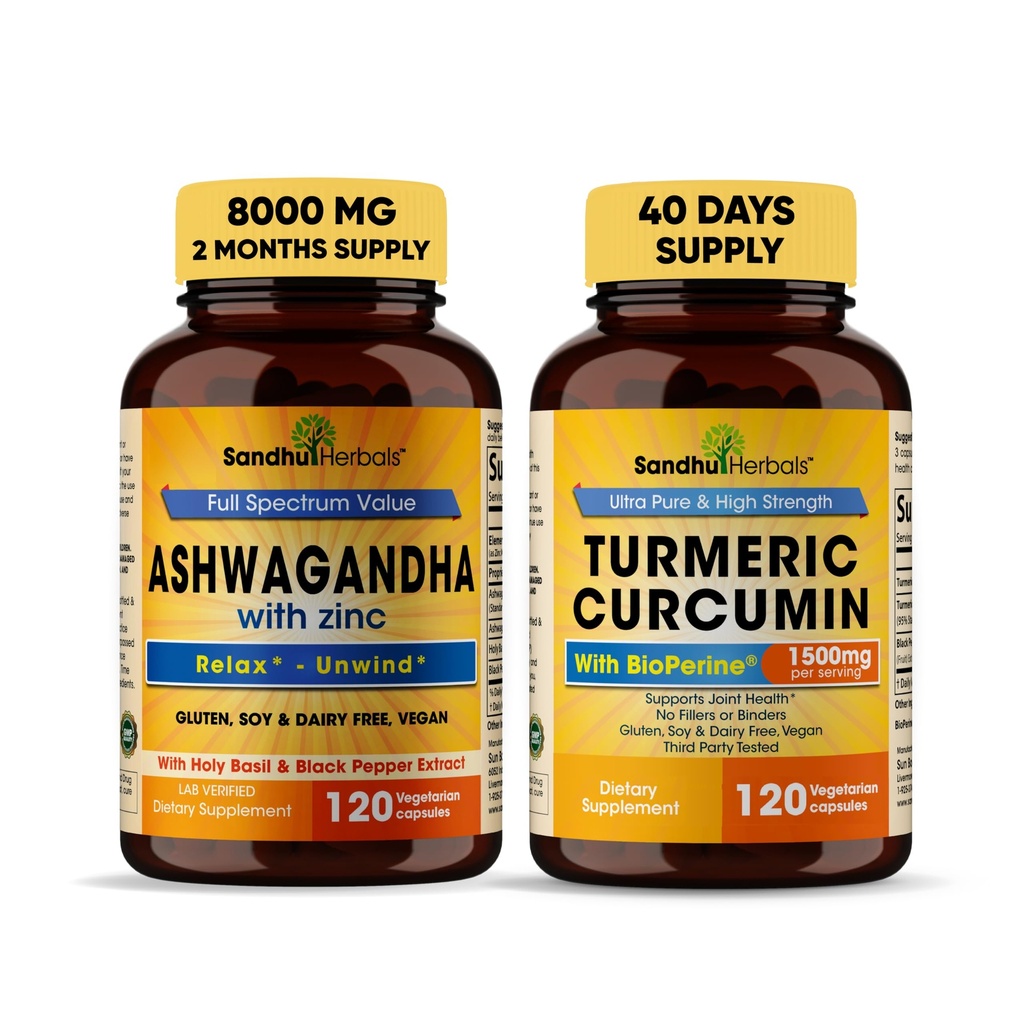 Sandhu Herbals Organik 4in1 Ashwagandha w/Zinc & Organik Turmeric Curcumin w/Bioperin Black Pepper Ekstrak| Supports Immune System| Non-GMOMO