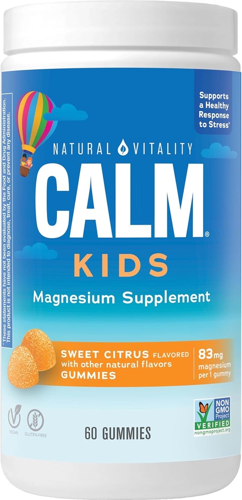 Natural Vitality CALM Kids Magnesium Supplement Gummies, Gummies for Balanced Mood, Supports Healthy Development, Gluten Free, Vegan, Sweet Citrus Flavored - 60 Gummies