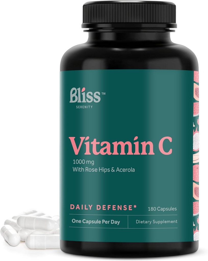 C 1000 mg - Daily Immune Support ile Daily Immune Vitamin C Supplement for Daily Immune Support with Rose HIPS & Acerola Bioflavonokles - Non-GMO  Valid & Gluten Free, 180 VegCaps.