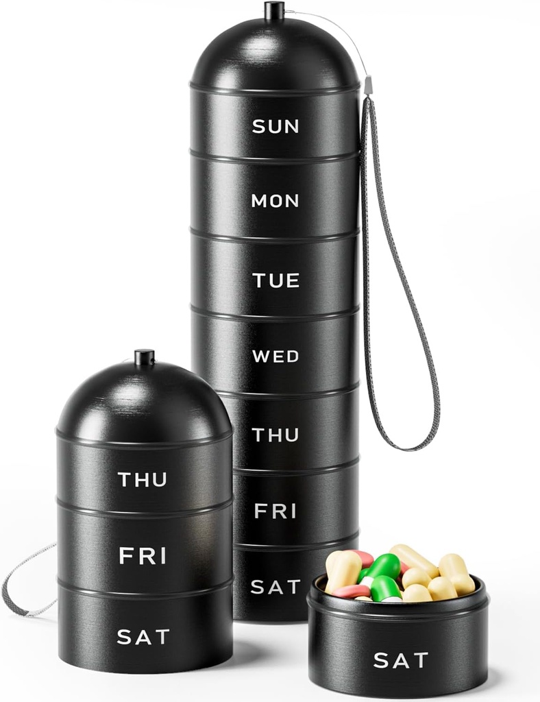 Metal Pill Organizer Weekly - Betife Stackable Water Travel Pill Box, Portatif Alüminyum Alloy 7 Day Pill Case, Moisture Kanıtlı Domuz Ücretsiz Pill Konteyner Tıp, Vitaminler, Supplements