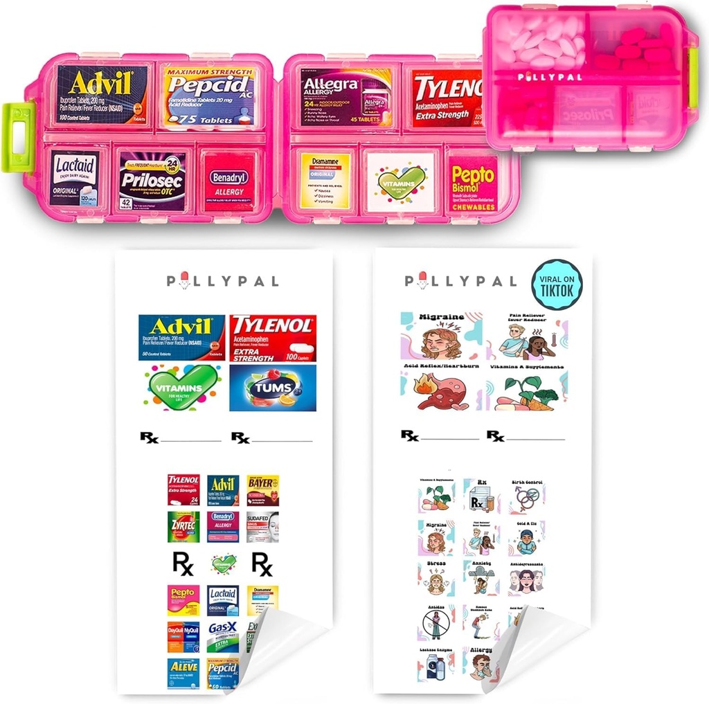 V1 Φορητό Travel Hill Organizer Holder with Stickers - 10 Slot Ανθεκτικό Compact Case to Organize Meds, Χάπια, Ιατρική, Συνταγές, Υγεία Βιταμίνες, Κοσμήματα, Ταξίδι Απαραίτητα - ροζ