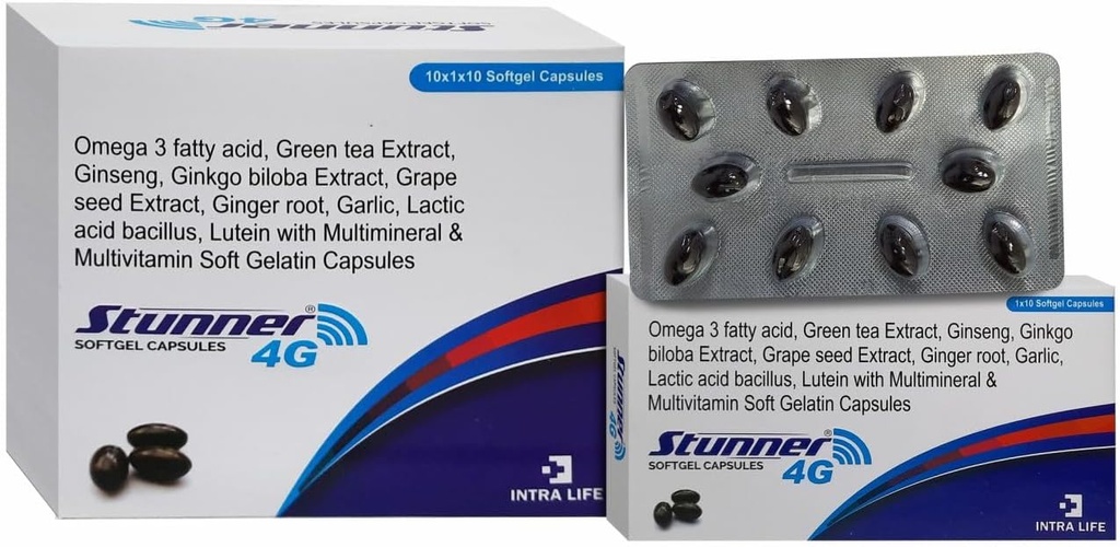 STUNNER-4G SOFTGEL CAPS inseng Extract Toz 42.5 mg + Buğday Germ Petrol 25 mg + Citrus Bioflavononoyaks 20 mg + Grape Tohumu 15 mg + Doğal Karma Carotenoyaklar% 10 Dispersion)11.33mg + Yeşil Çay Ekstraksiyon