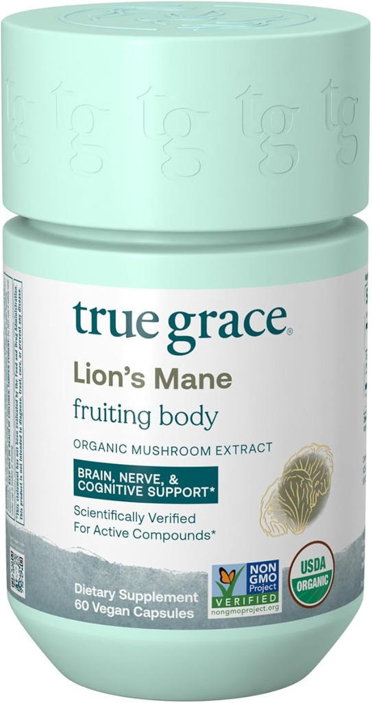 True Grace Mushroom Lion's Mane Brain, Nerve & Cognitive Support - 60 Count Capsules - Organic